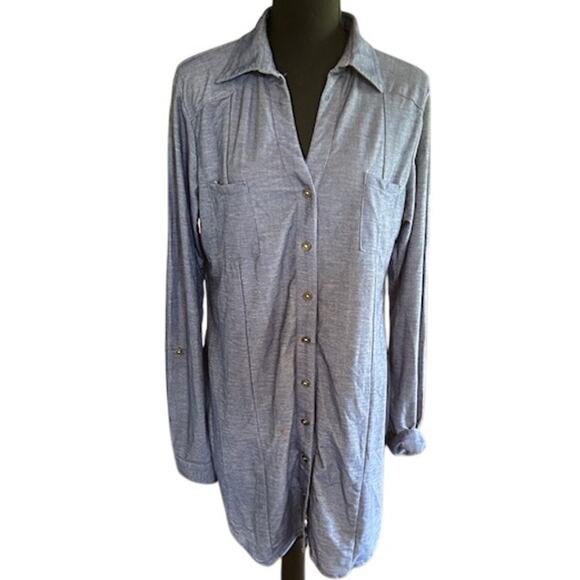 Passport Blue Button Down Tunic Shirt XL  Long Sleeve Lightweight Rayon Blend - Picture 2 of 6